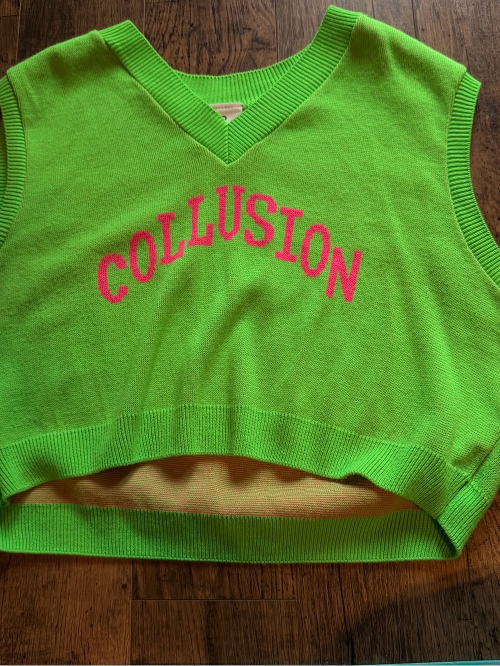 Collusion Neon Green Cropped Knit Tank Top with Pink Logo